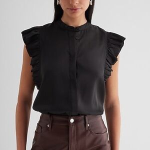 Express Black Ruffle Cap-Sleeve Mandarin Button Blouse